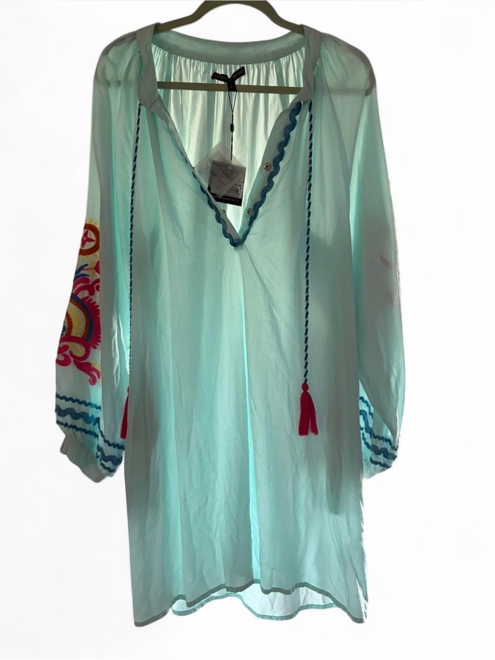 Aqua Embroidered Peasant Tunic with Tassel Ties